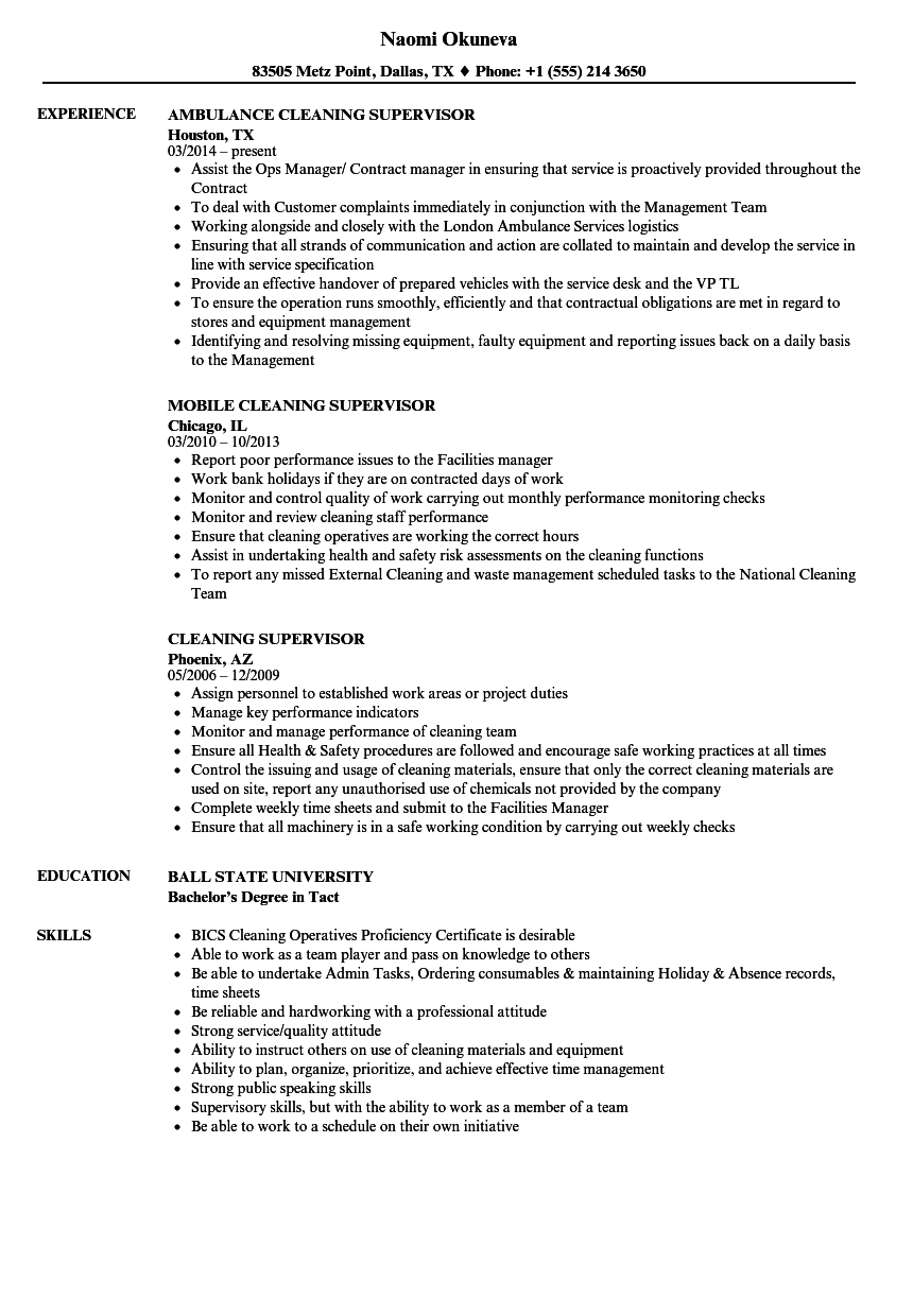 Cleaning Supervisor Resume Samples | Velvet Jobs