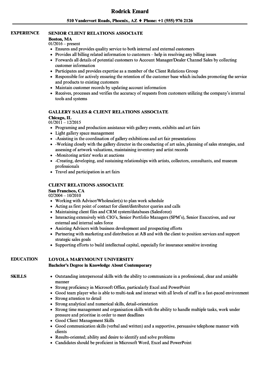 Client Relations Associate Resume Samples | Velvet Jobs