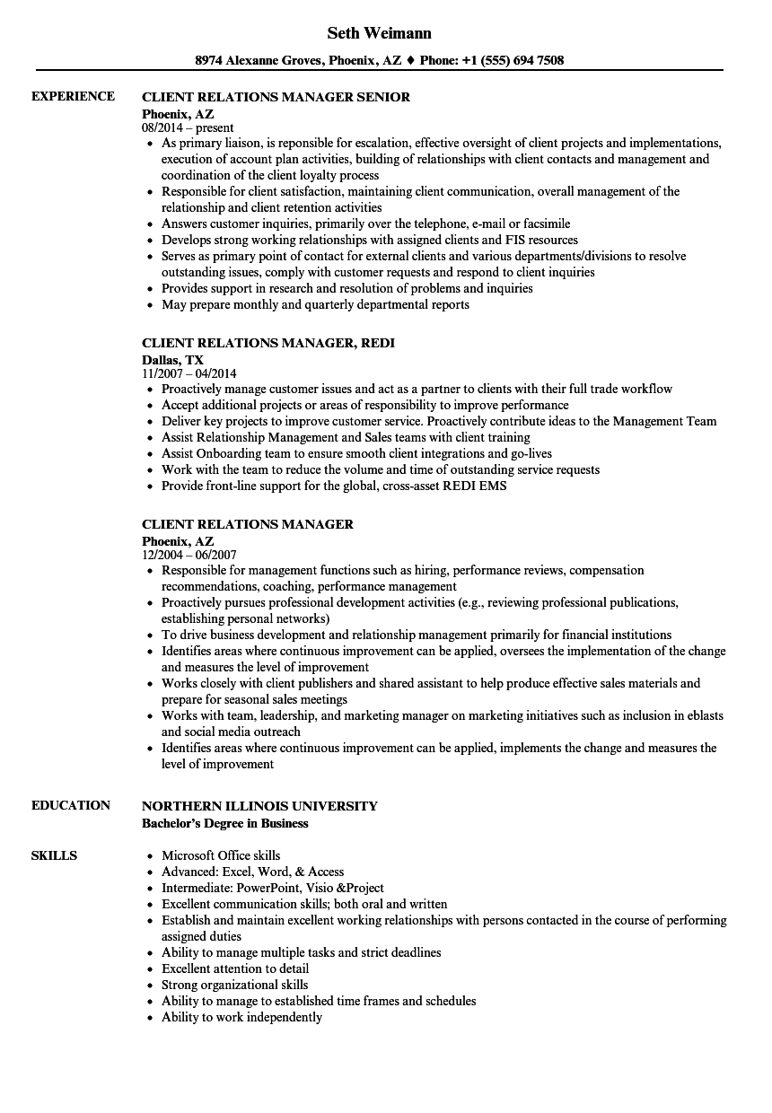 client relations manager resume samples