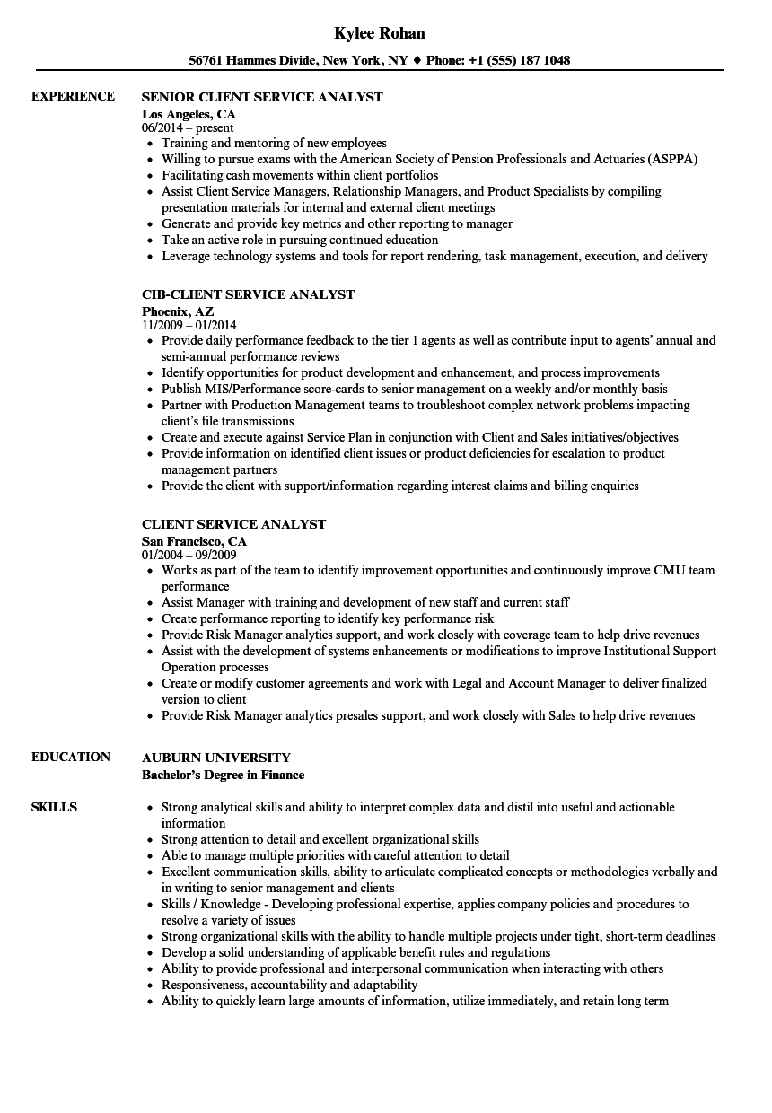 client service analyst resume samples