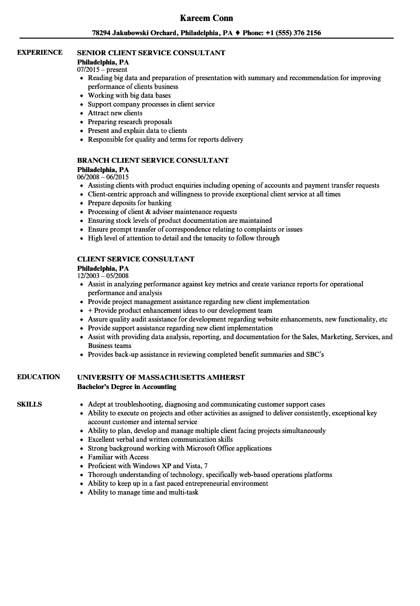 client service consultant resume samples