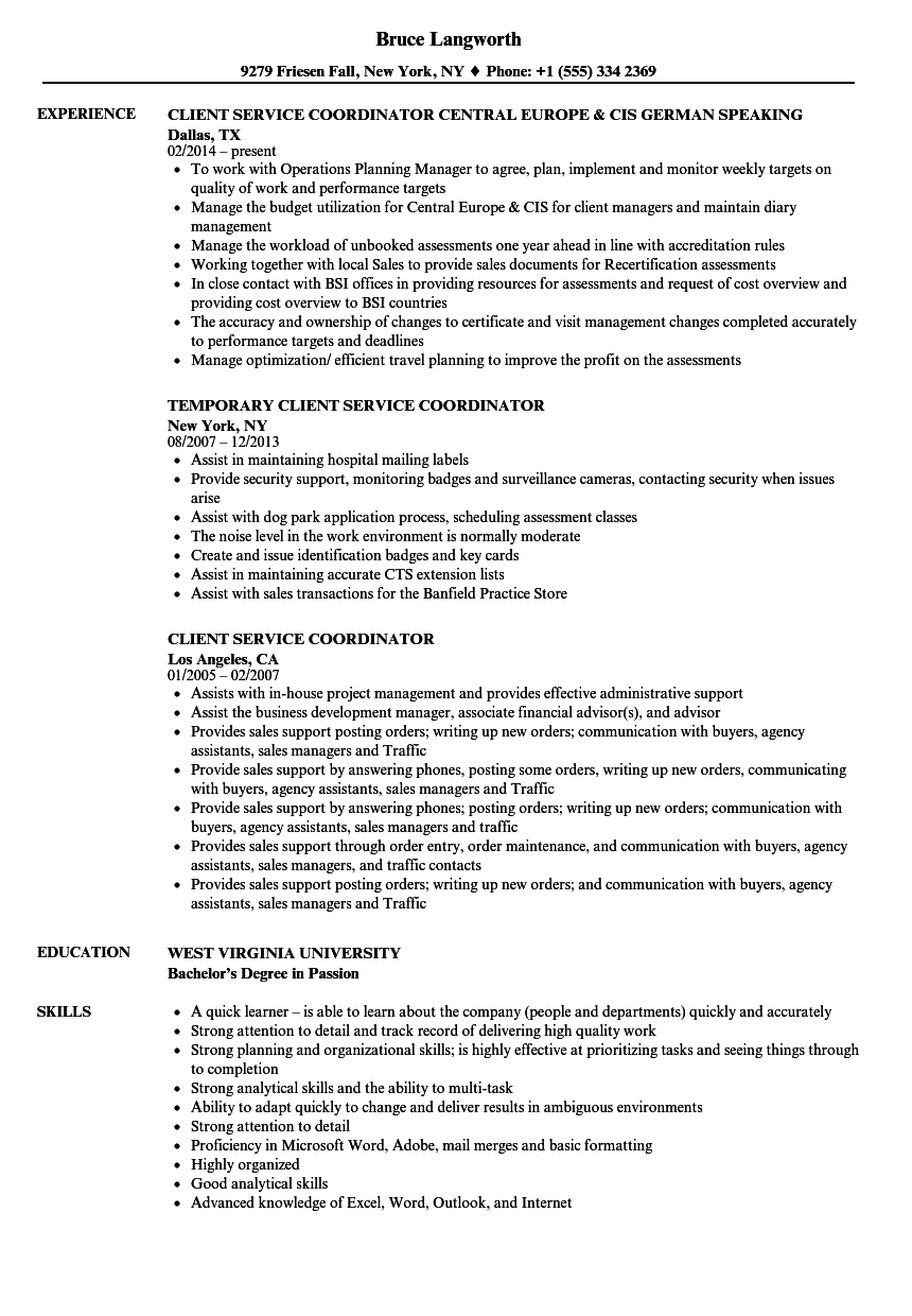 Client Service Coordinator Job Description For Resume Job Retro