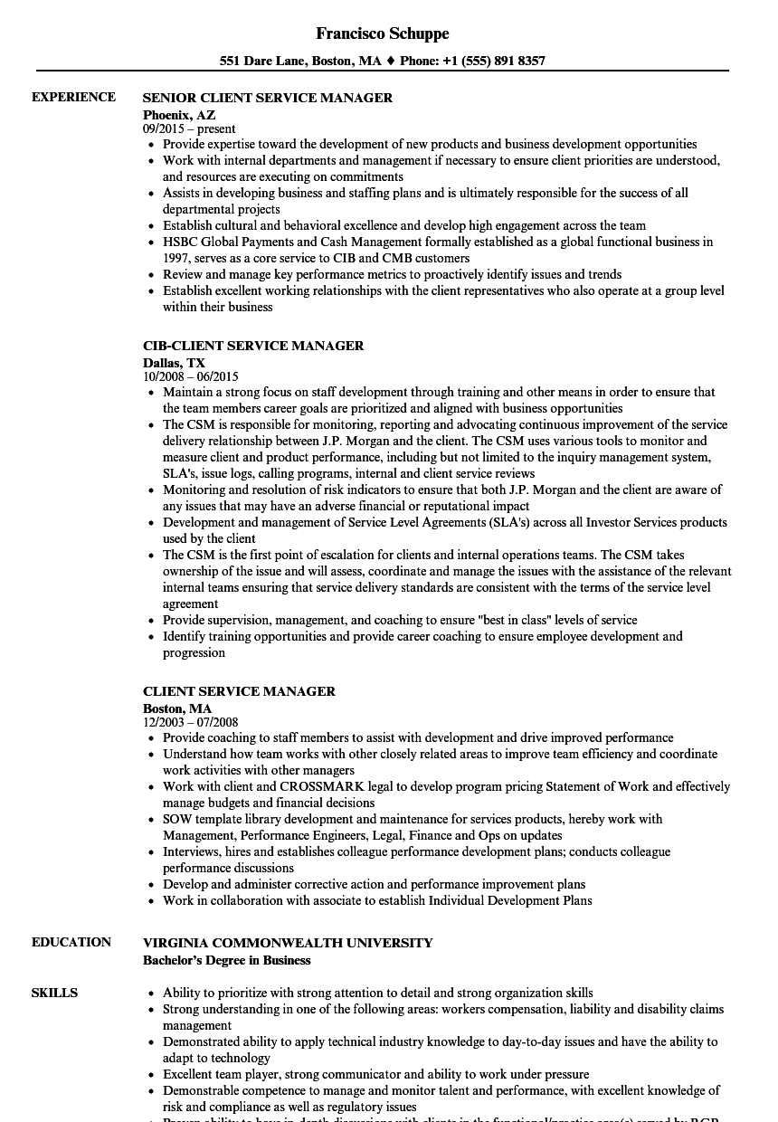 resume of customer service manager