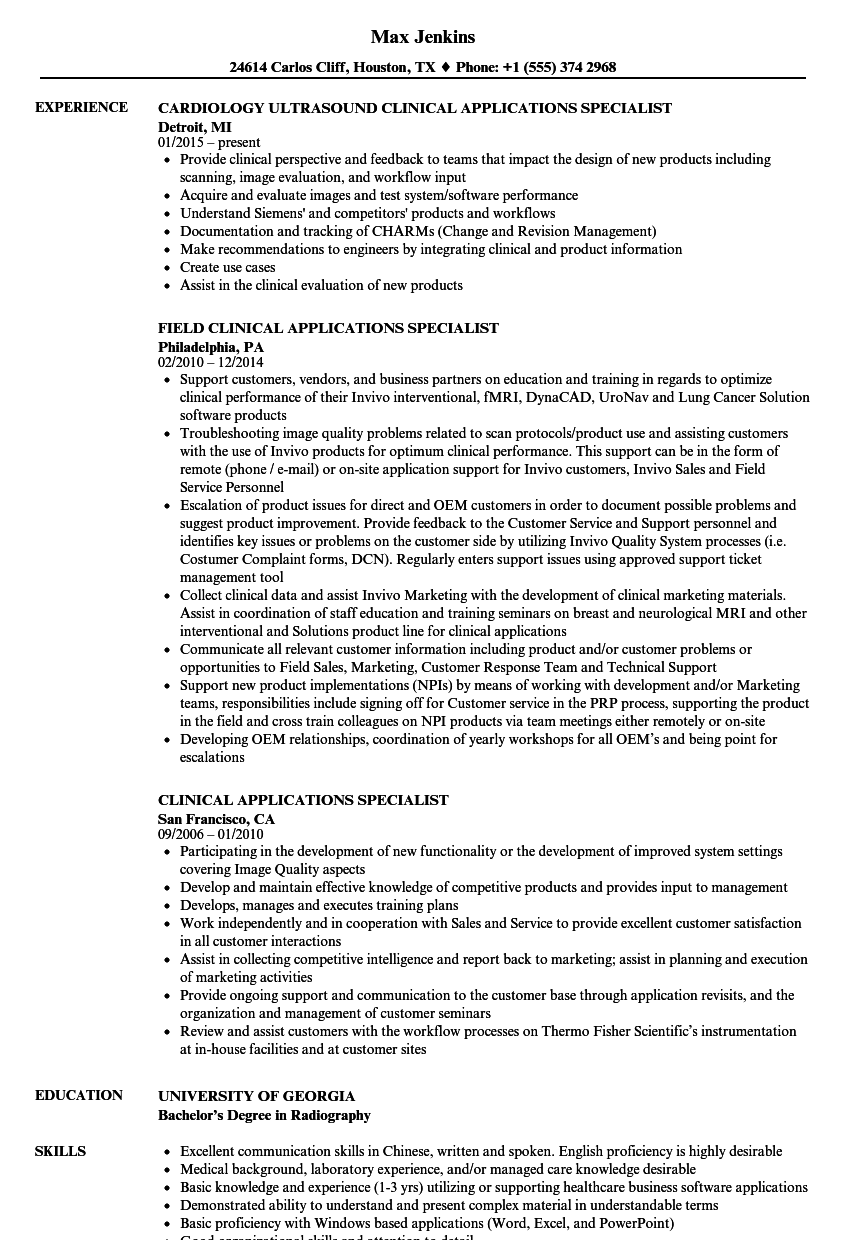 clinical applications specialist resume samples