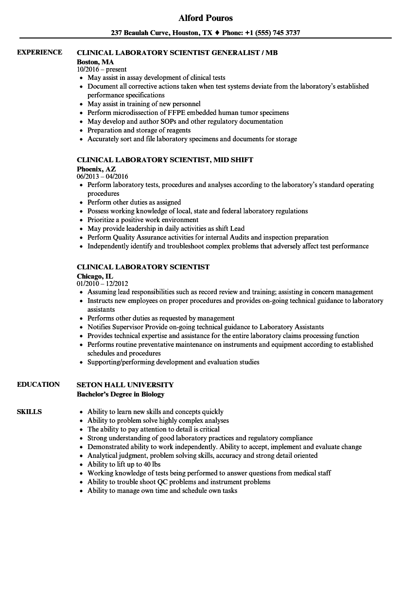 clinical laboratory scientist resume sample