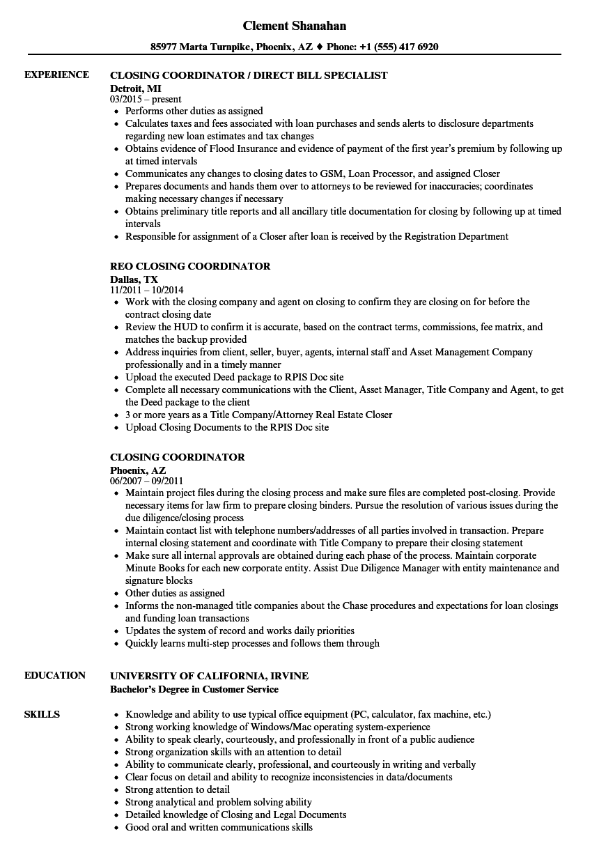 Closing Coordinator Resume Samples  Velvet Jobs