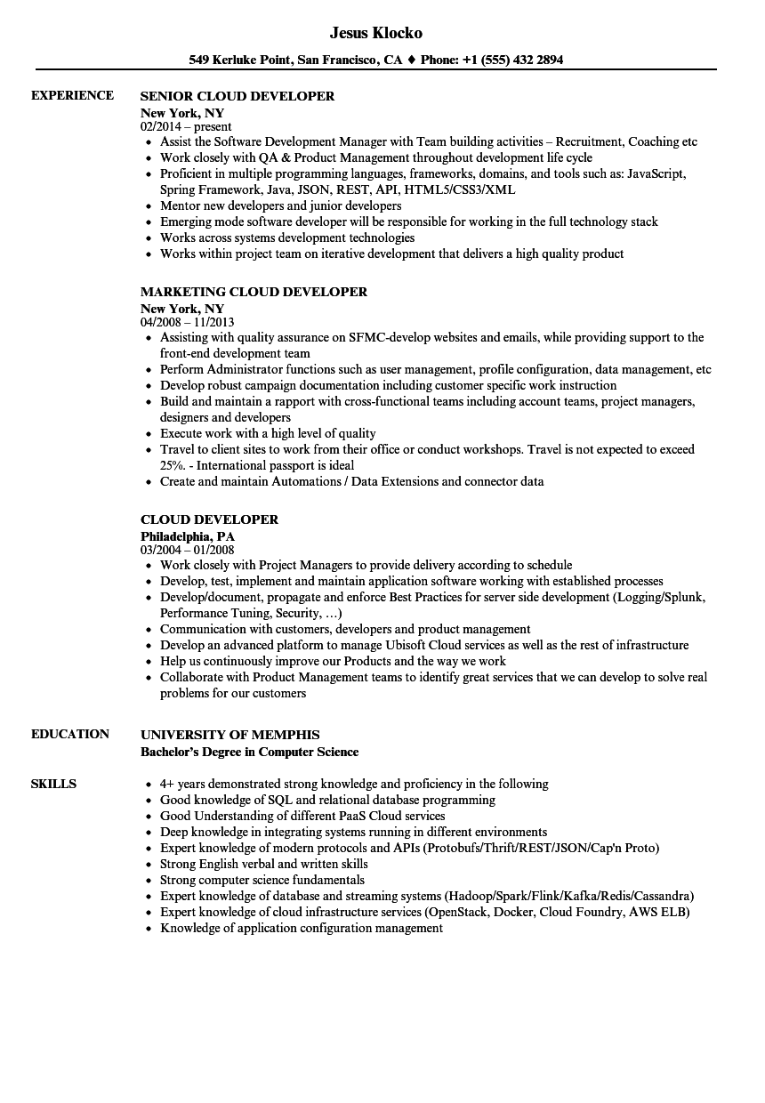 Cloud Developer Resume Samples Velvet Jobs