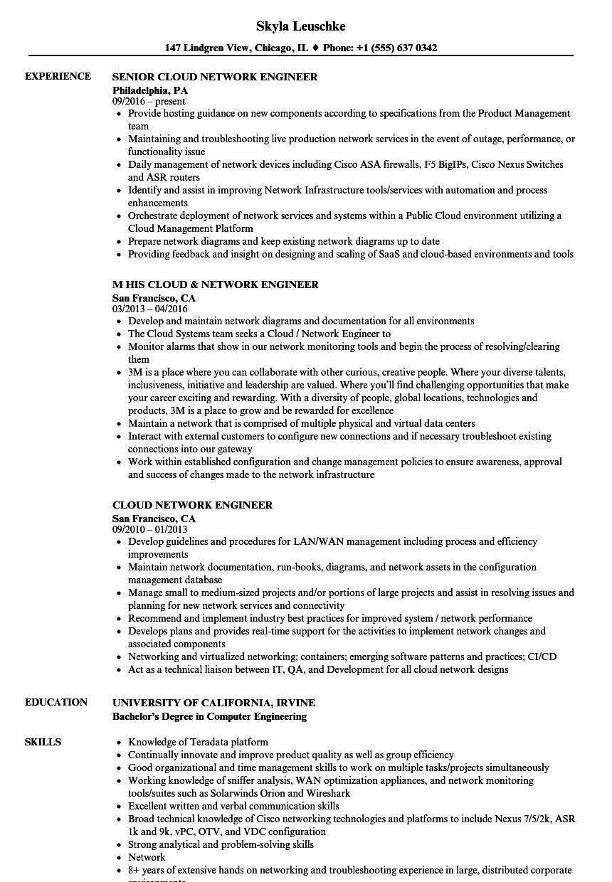Cloud Network Engineer Resume Samples Velvet Jobs