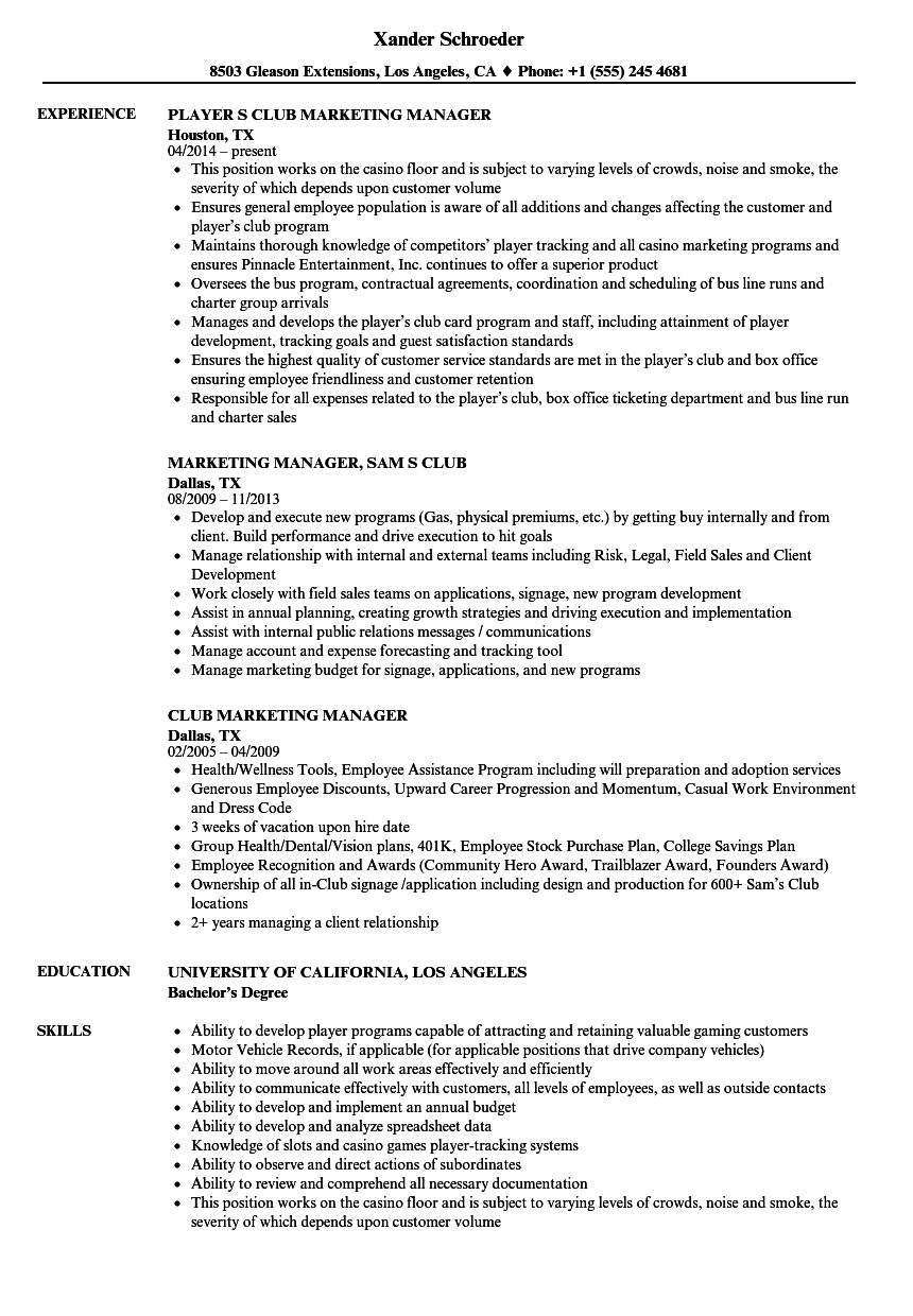 Club Marketing Manager Resume Samples | Velvet Jobs