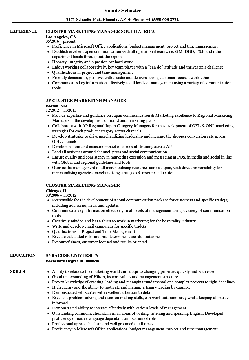 Cluster Marketing Manager Resume Samples  Velvet Jobs