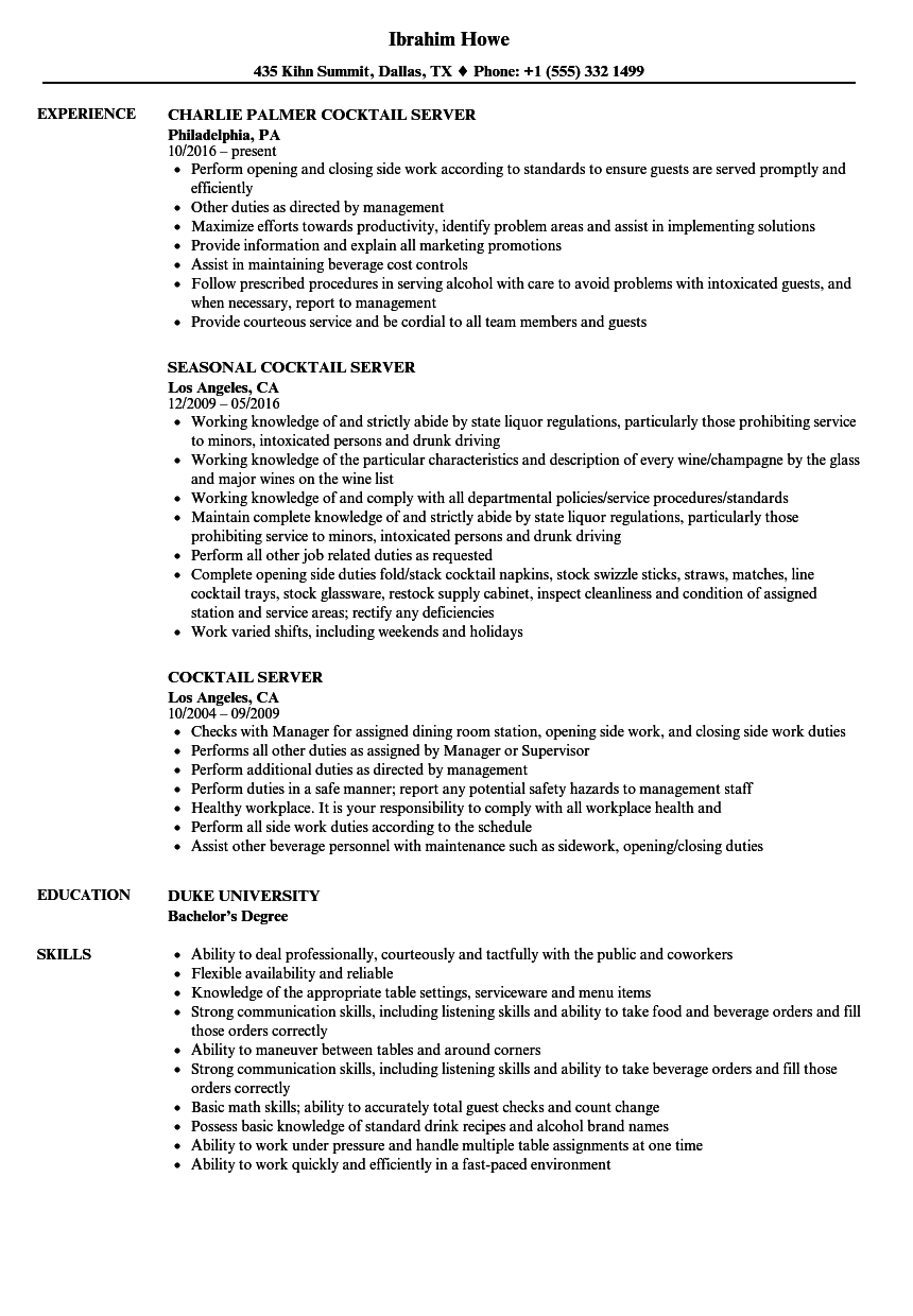 resume job description cocktail waitress