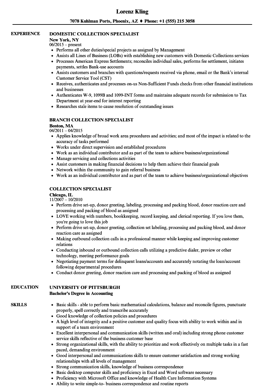 Collection Specialist Resume Samples Velvet Jobs