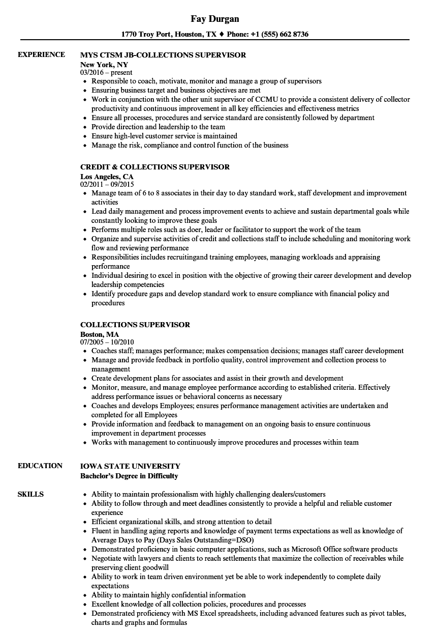 Collections Supervisor Resume Samples | Velvet Jobs