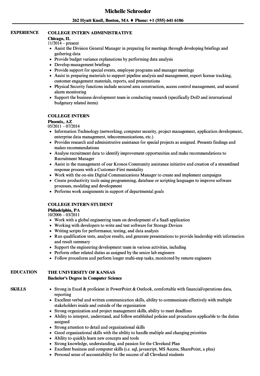 sample resume of college student for internship