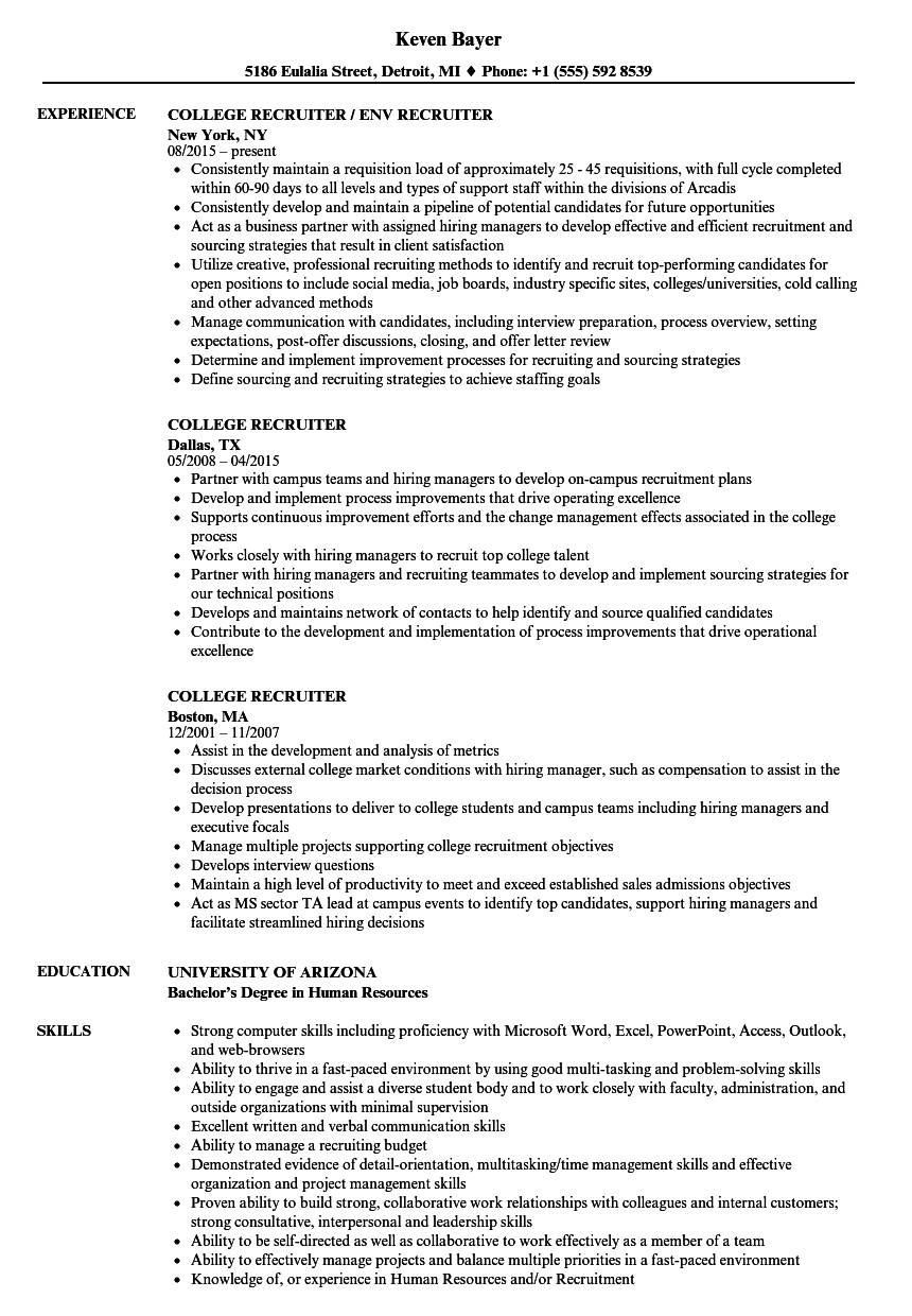 College Recruiter Resume Samples  Velvet Jobs