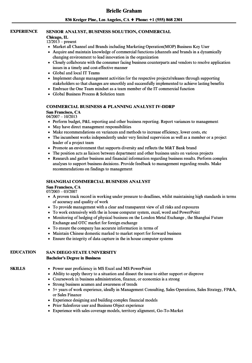 Commercial / Business Analyst Resume Samples | Velvet Jobs