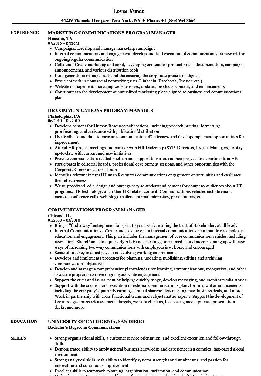 Communications Program Manager Resume Samples | Velvet Jobs