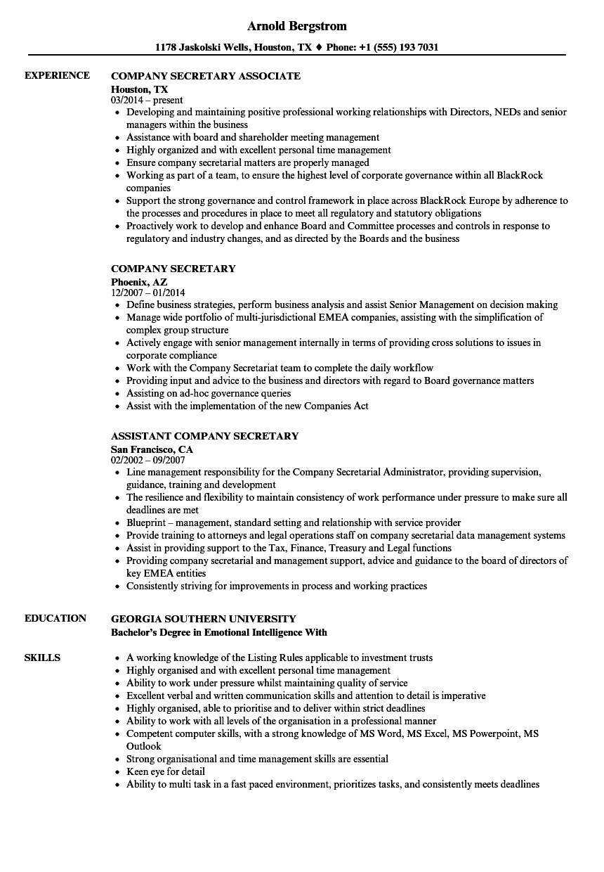 resume format for company secretary fresher