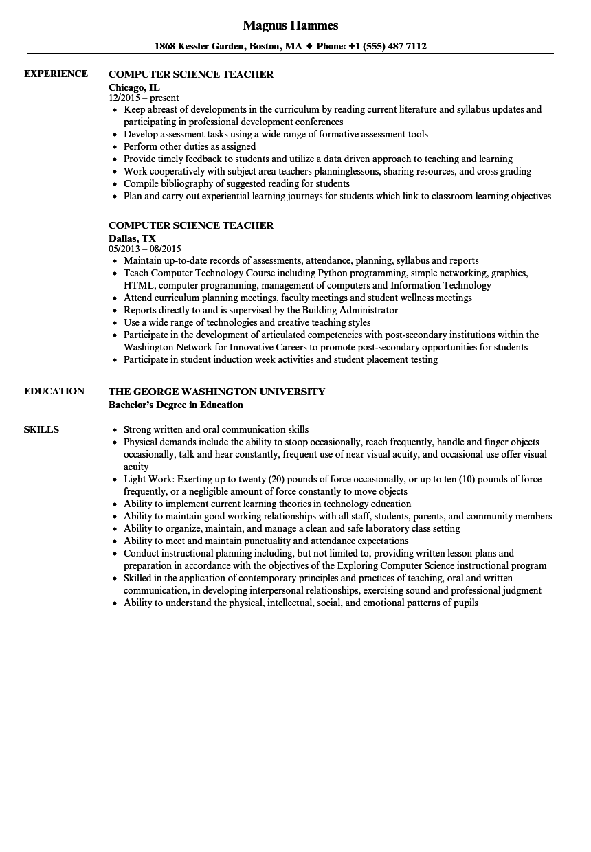 computer teacher job description resume