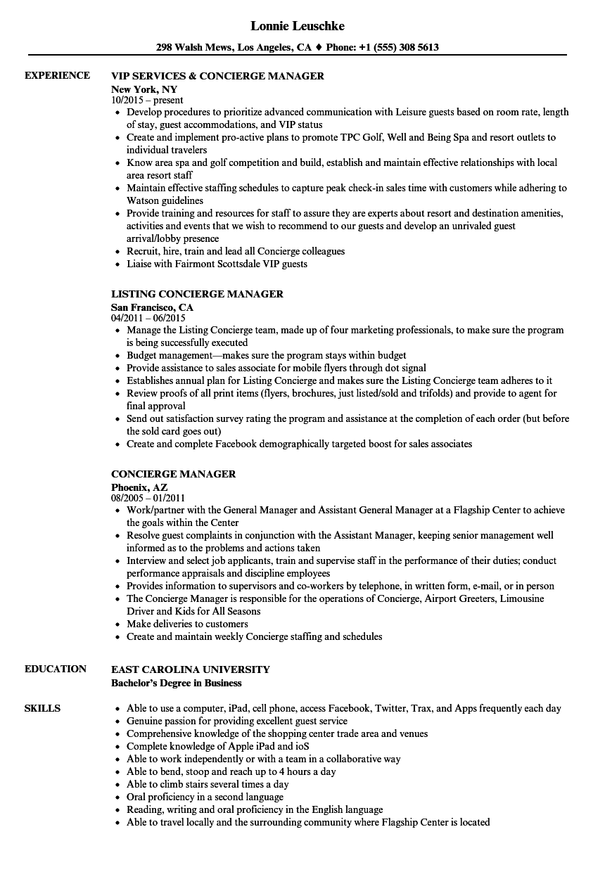Concierge Manager Resume Samples Velvet Jobs
