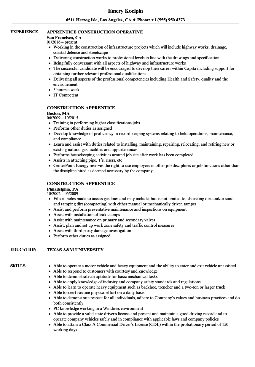 Apprentice Resume Sample