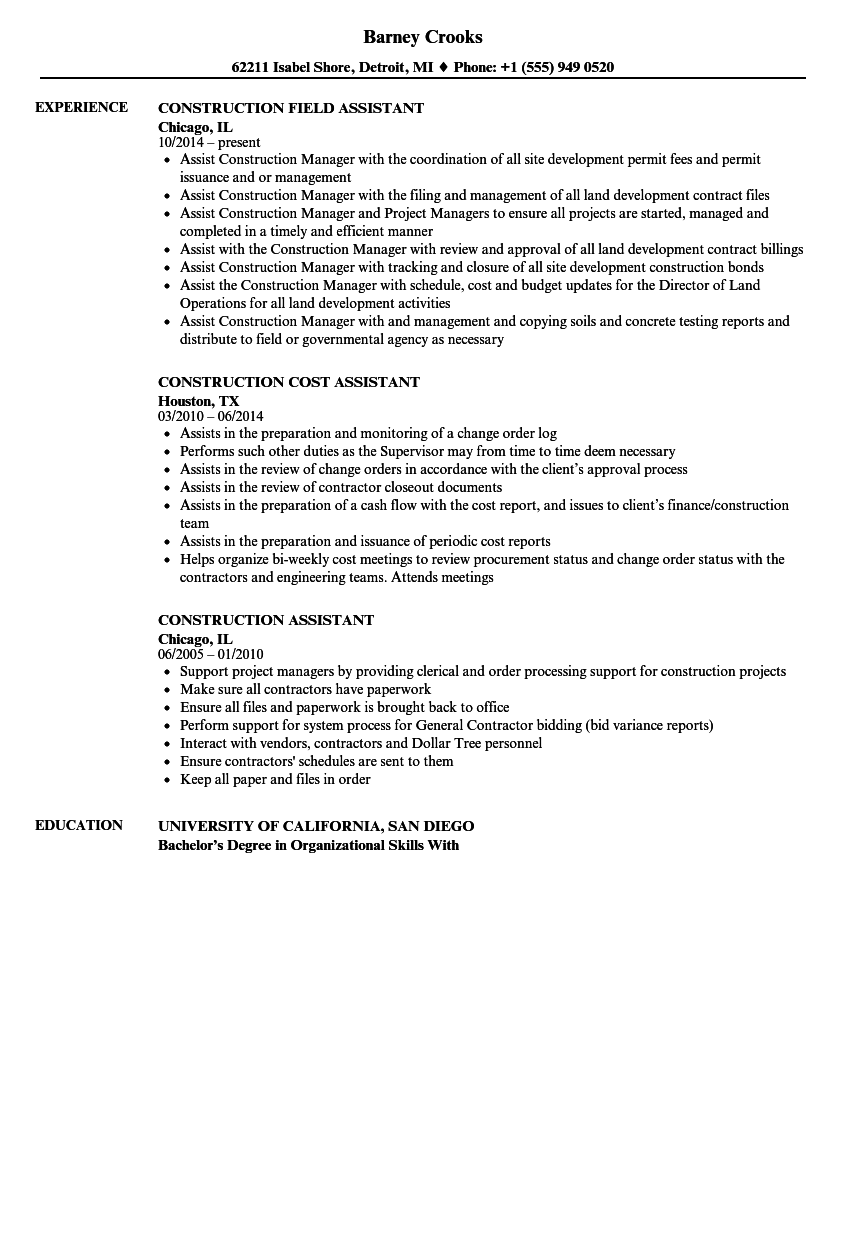 construction assistant job description resume