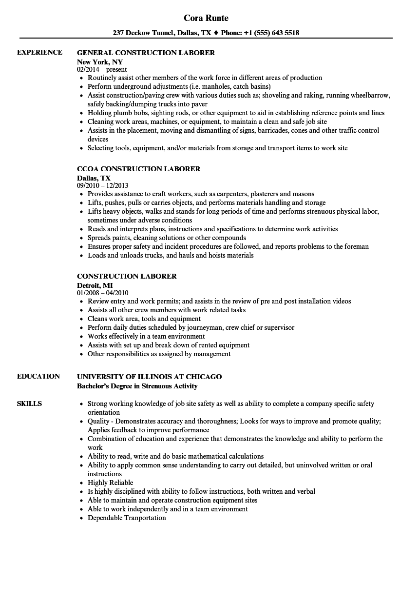 construction laborer job description resume