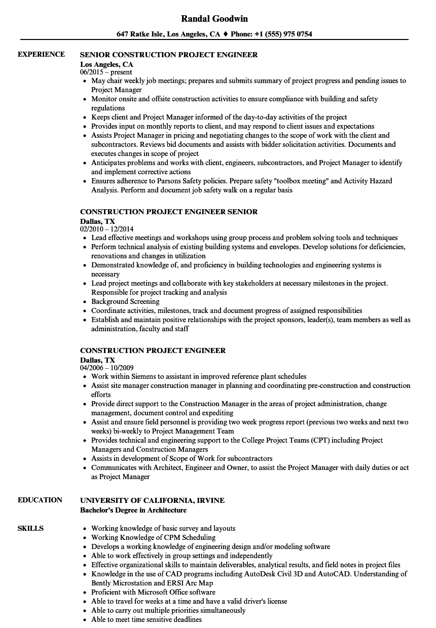 construction project list template for resume