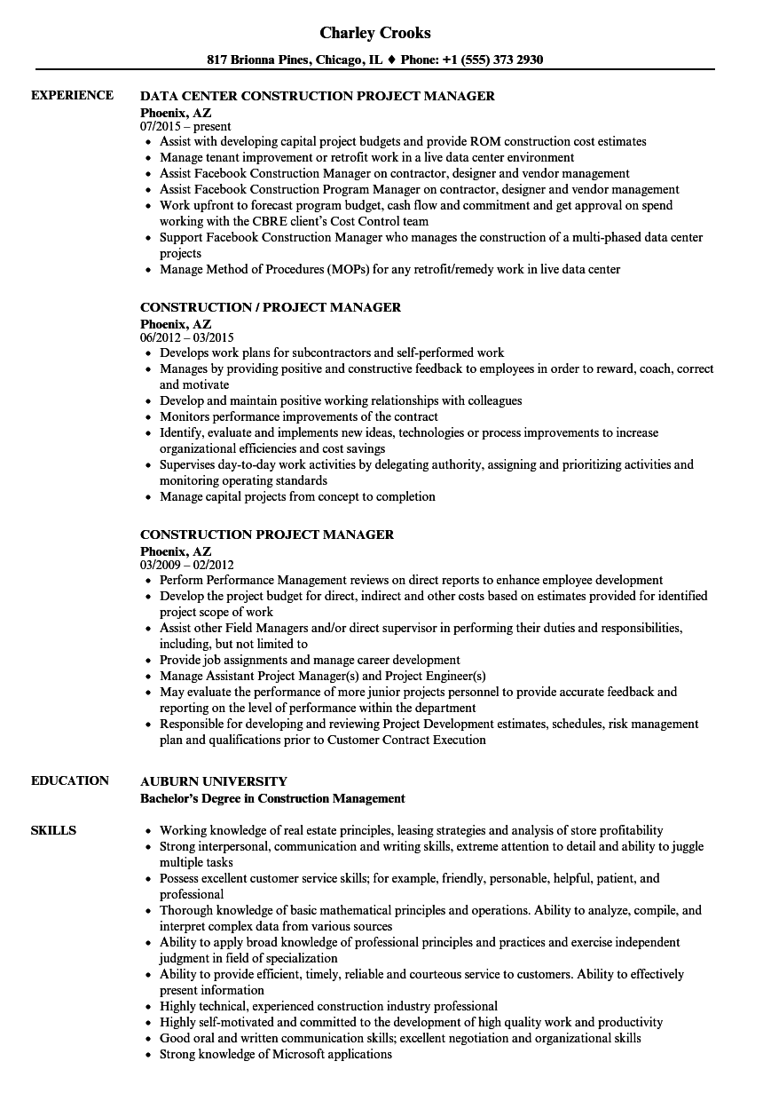 project manager construction resume sample