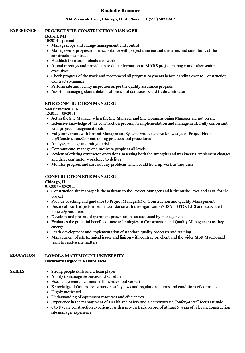 Construction Site Manager Resume Samples | Velvet Jobs