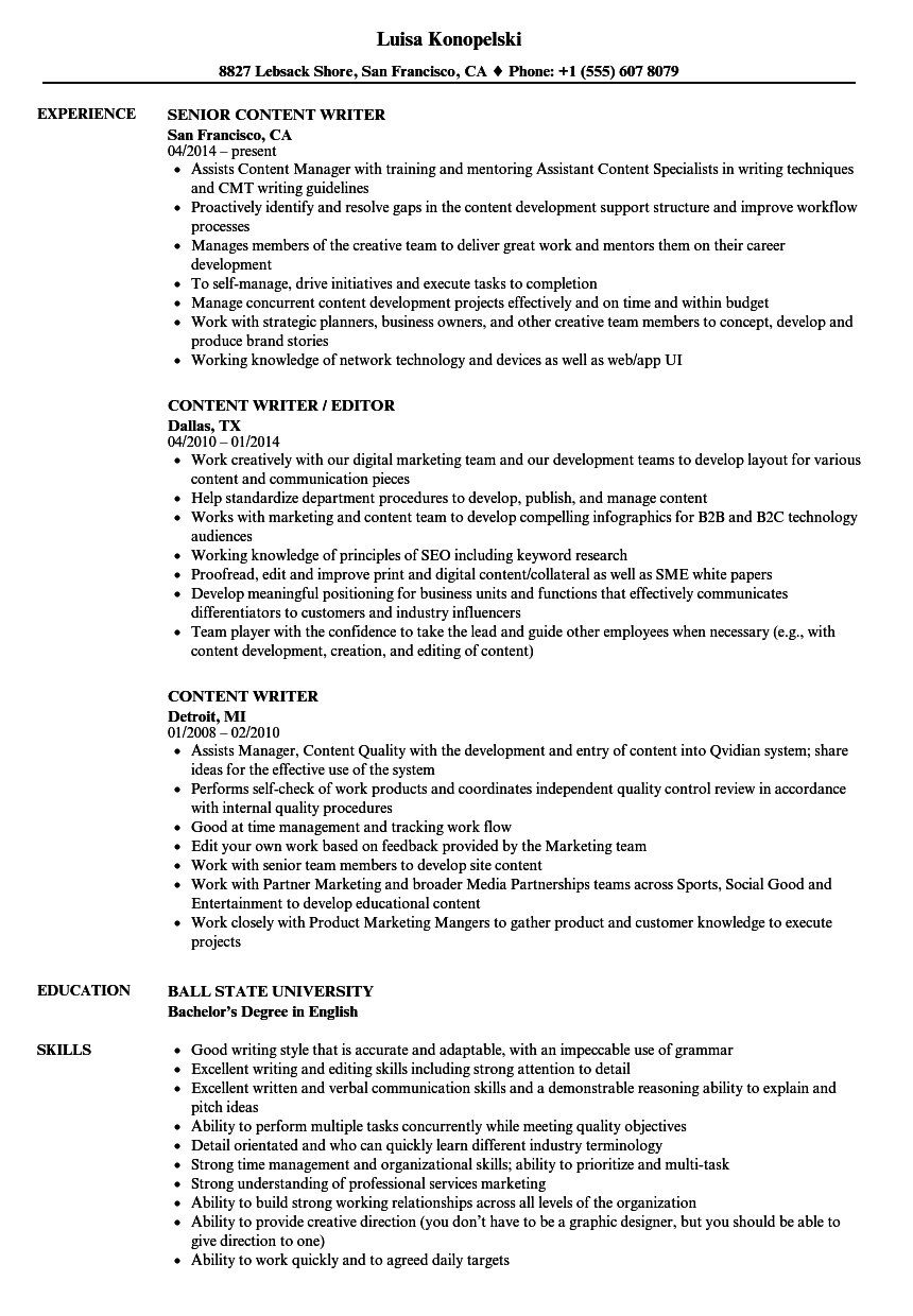 Content Writer Resume Samples Velvet Jobs