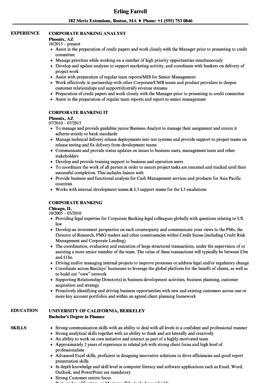 Corporate Banking Resume Samples | Velvet Jobs