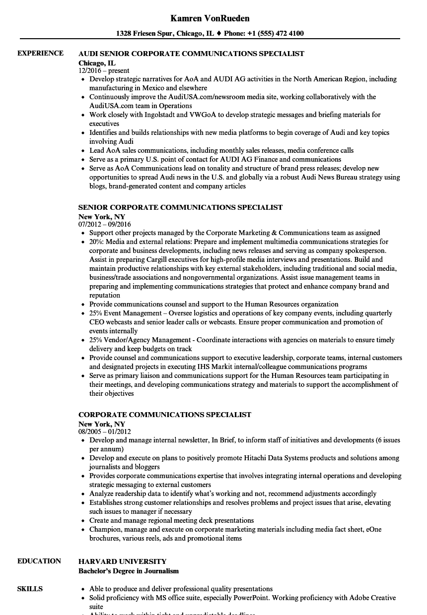 Corporate Communications Specialist Resume Samples Velvet Jobs