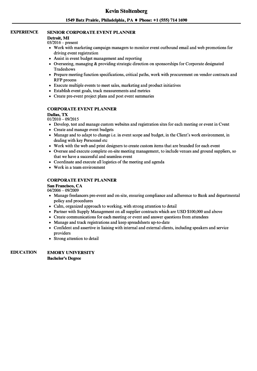 event planner responsibilities resume