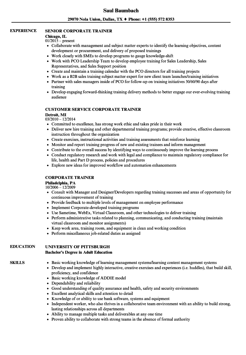 Corporate Trainer Resume Samples Velvet Jobs