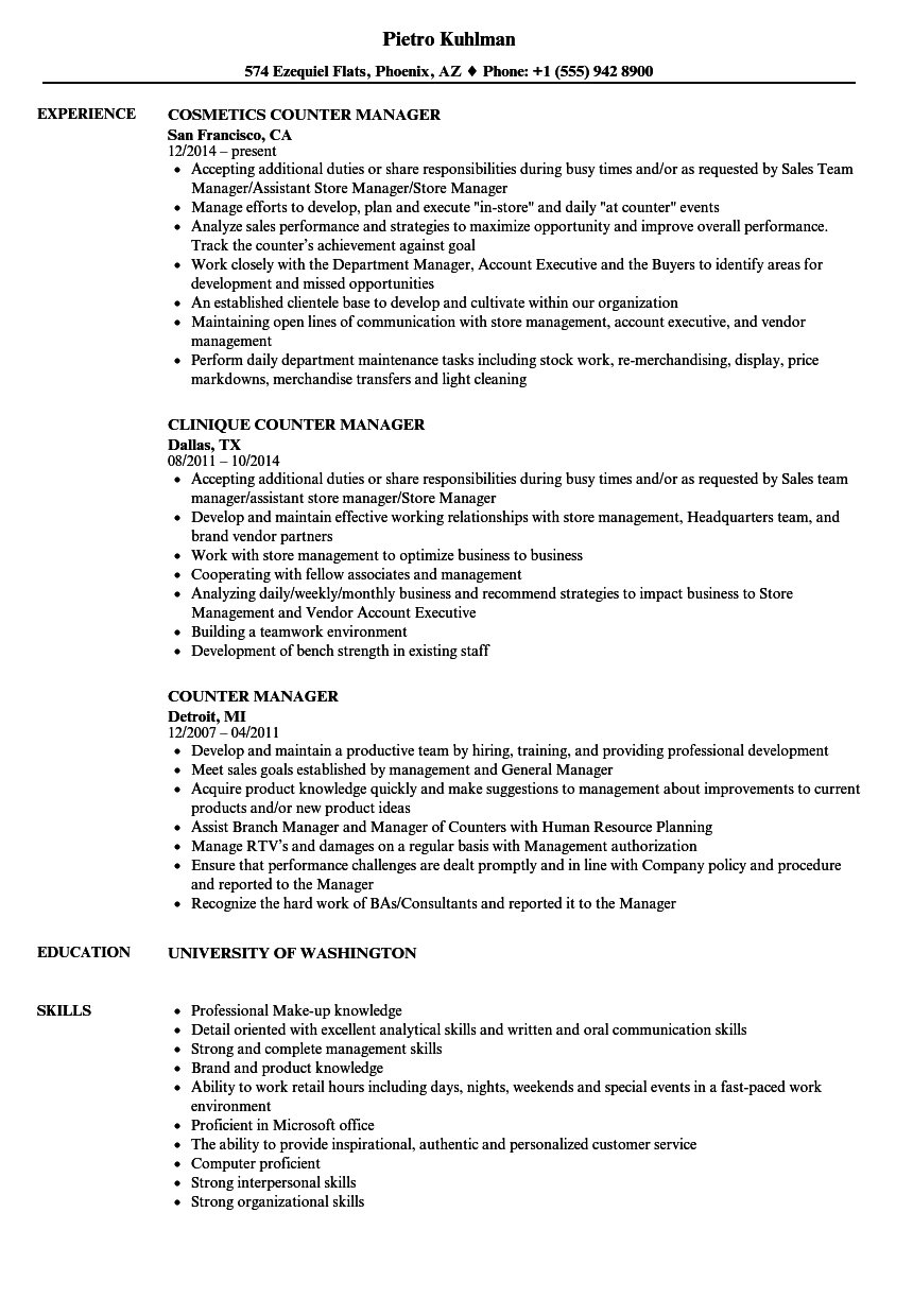 Counter Manager Resume Samples Velvet