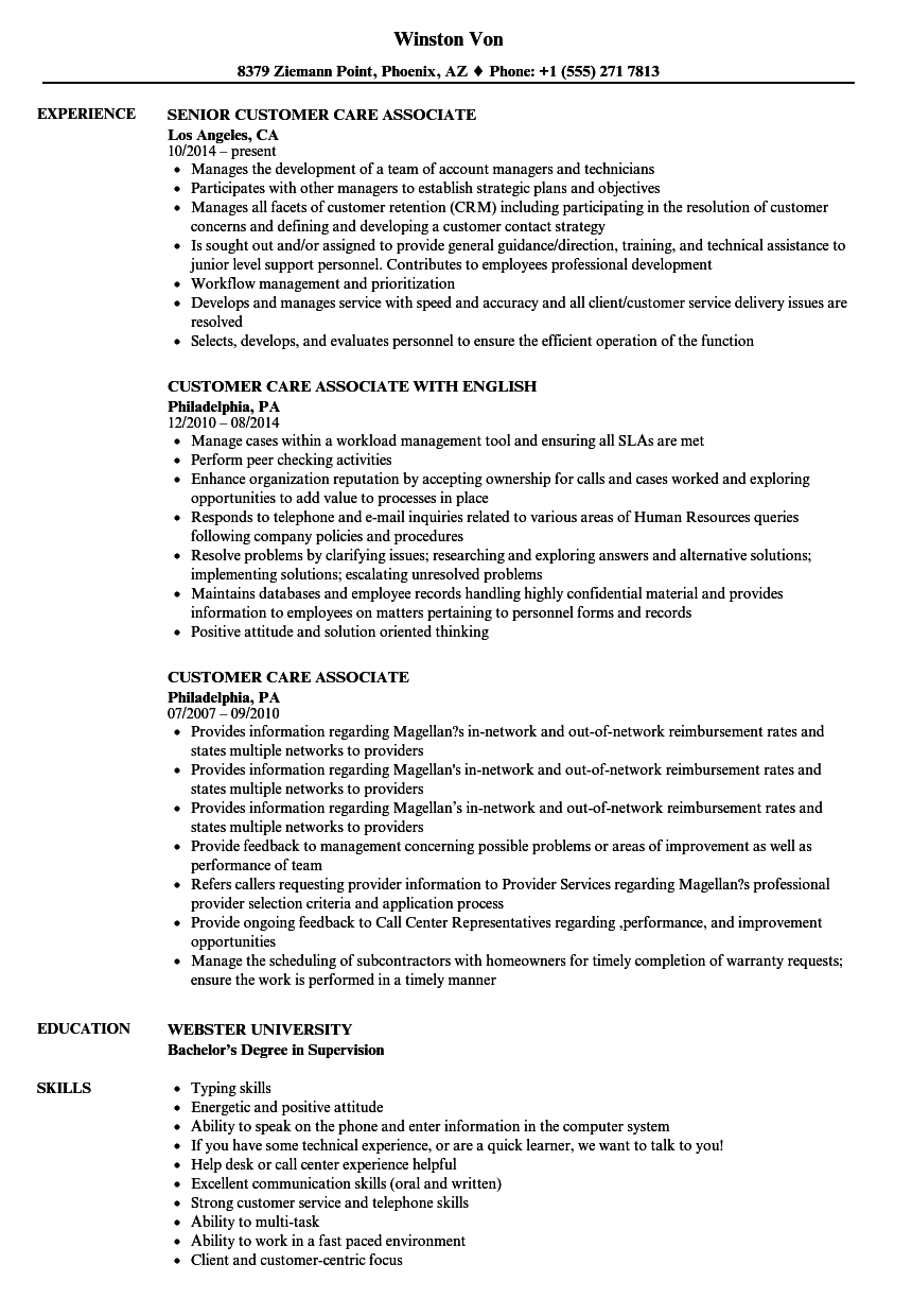 Customer Care Associate Resume Samples Velvet Jobs