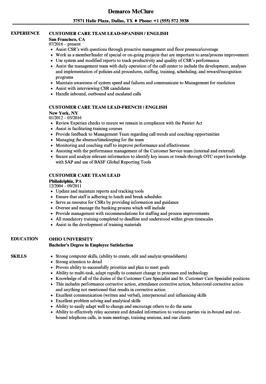 Customer Service Team Leader Job Description For Resume - Job Retro