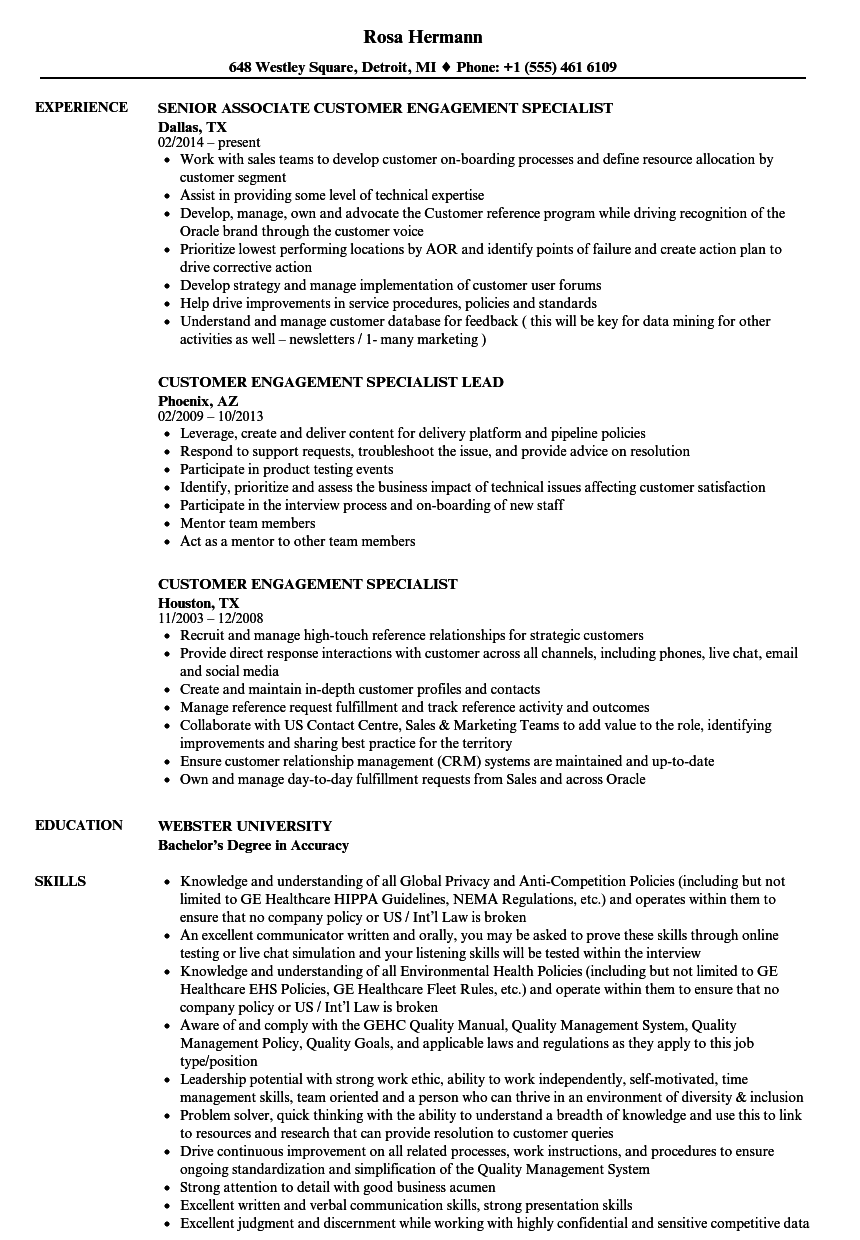 Customer Engagement Specialist Resume Samples  Velvet Jobs