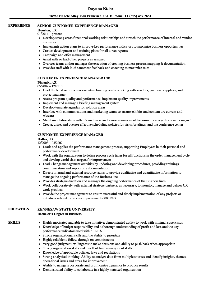 Customer Experience Manager Resume Samples  Velvet Jobs