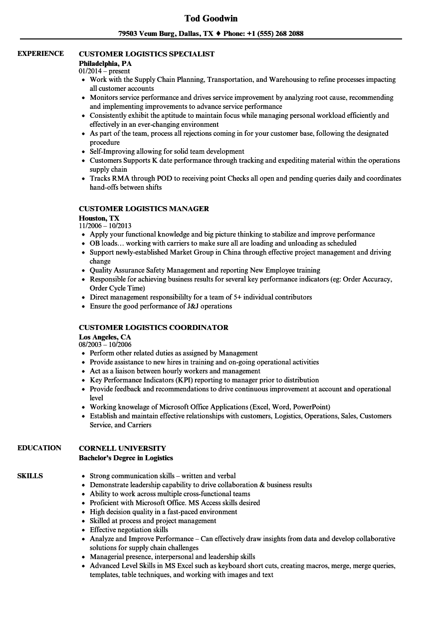 logistics customer service manager resume