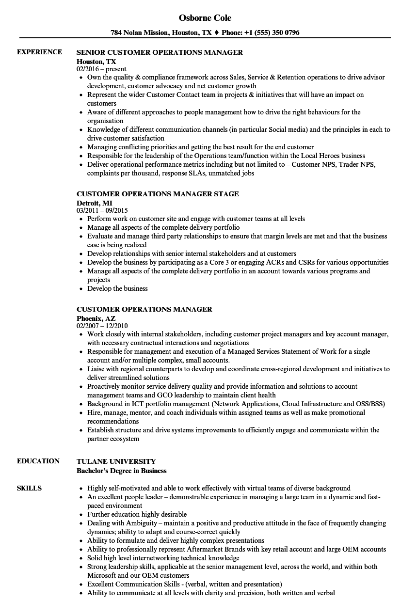 customer operations manager resume samples