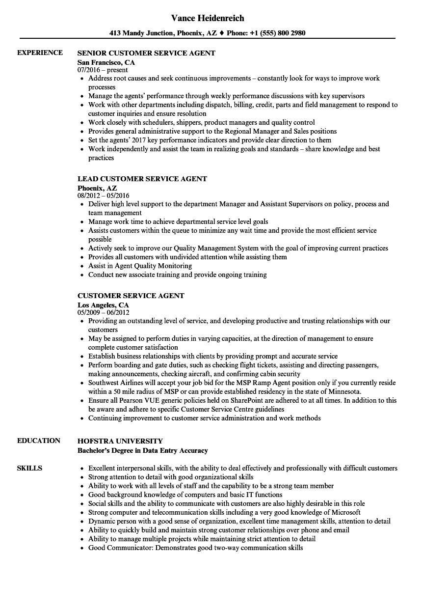 airline customer service supervisor resume