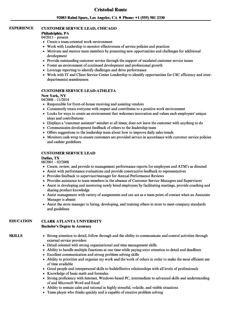 lead customer service representative resume