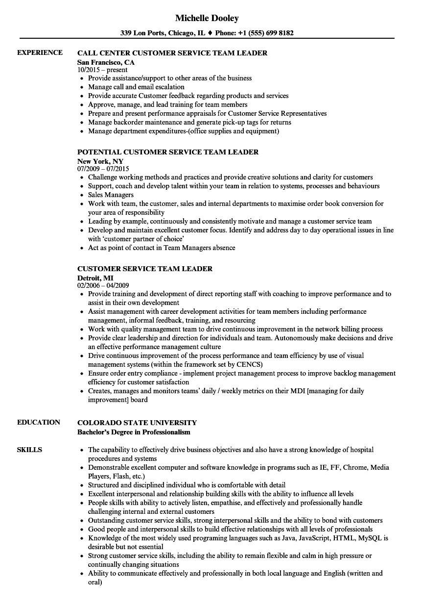 Customer Service Team Leader Resume Samples Velvet Jobs