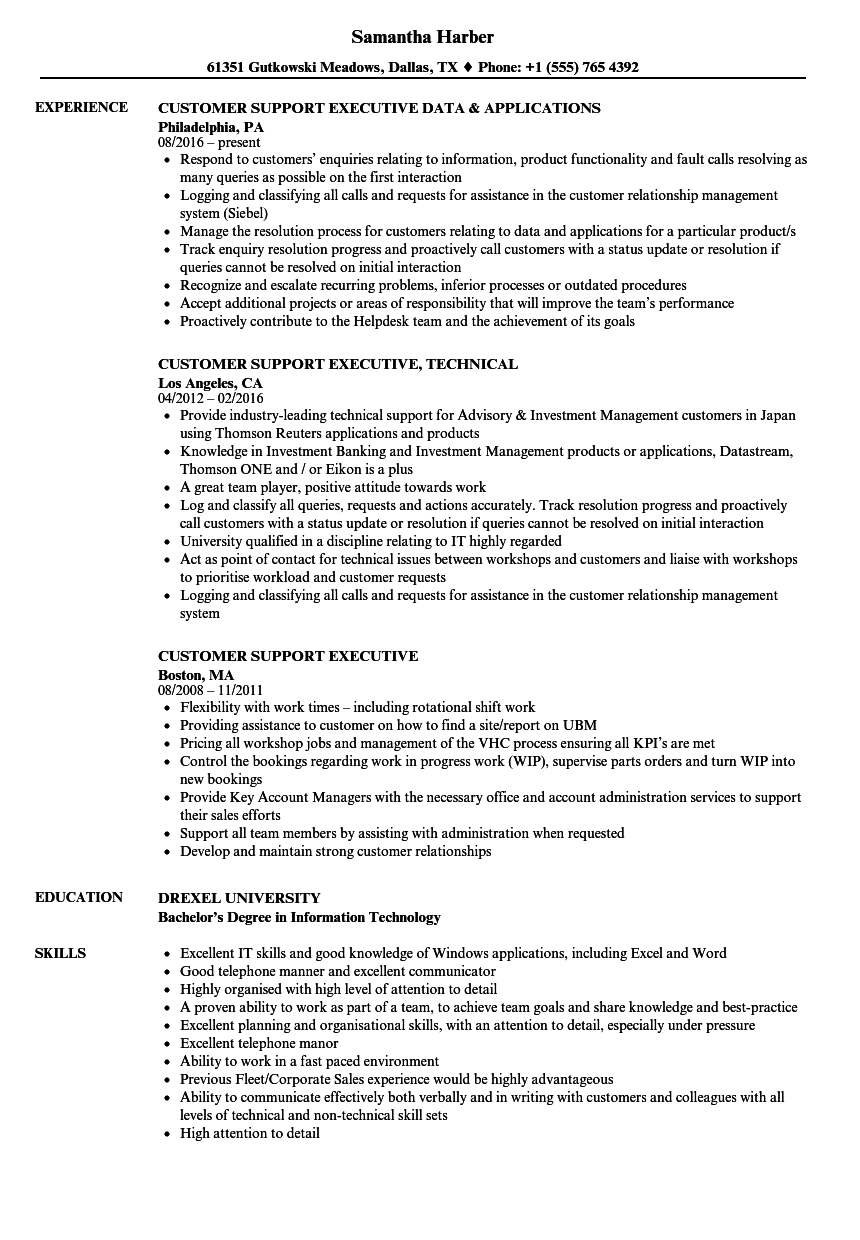 resume for customer support executive