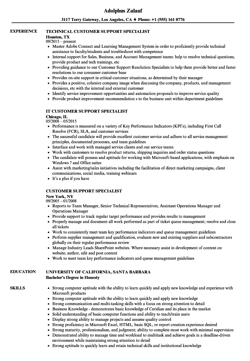 Customer Support Specialist Resume Samples Velvet Jobs