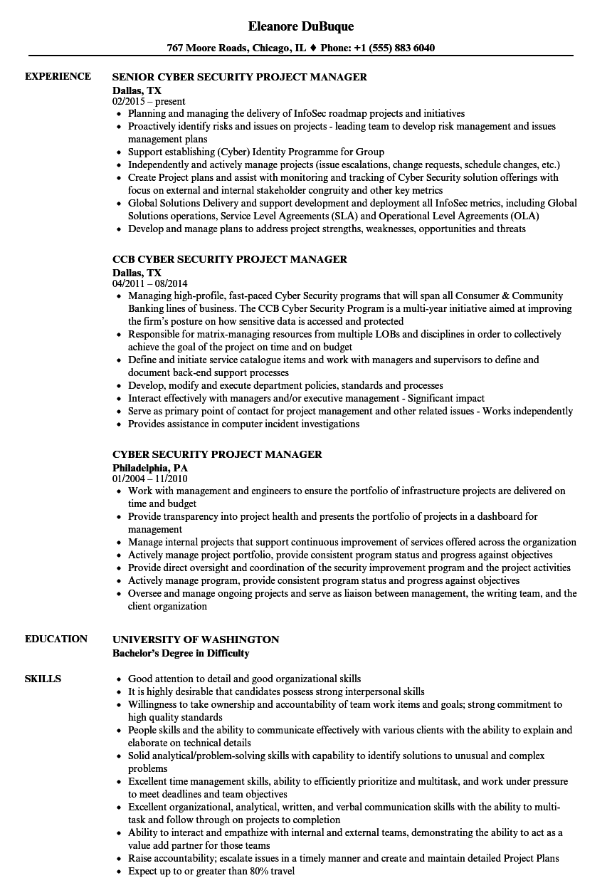 cyber security project manager sample resume