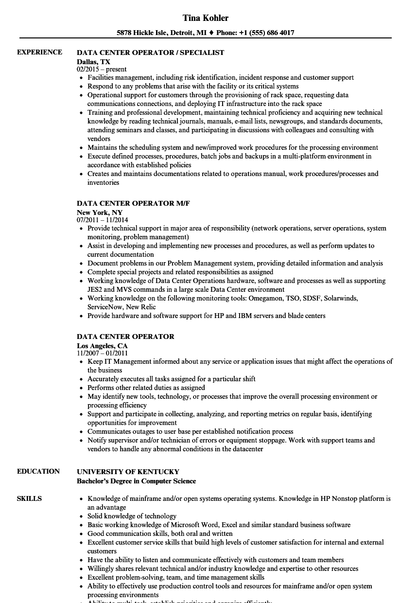 Data Center Operator Resume Samples | Velvet Jobs