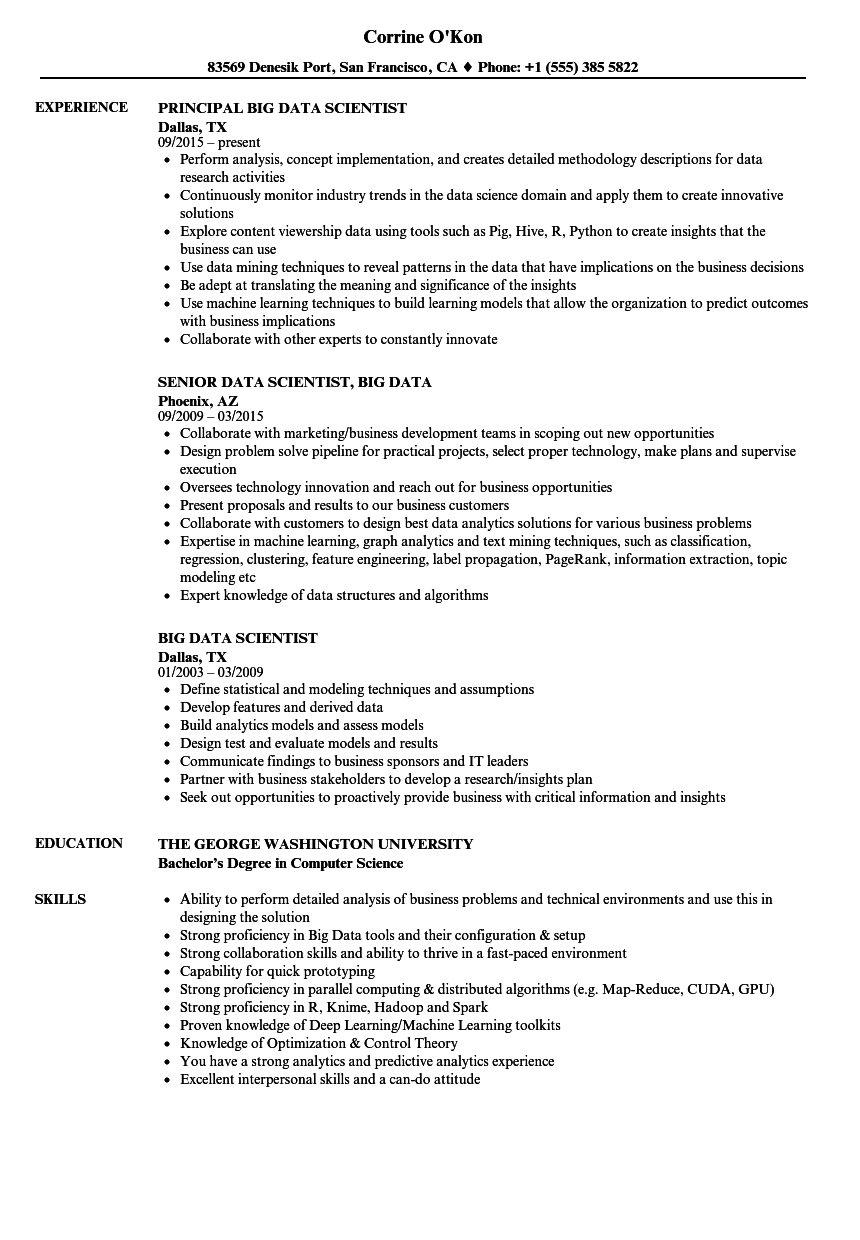 Data Scientist Big Data Resume Samples